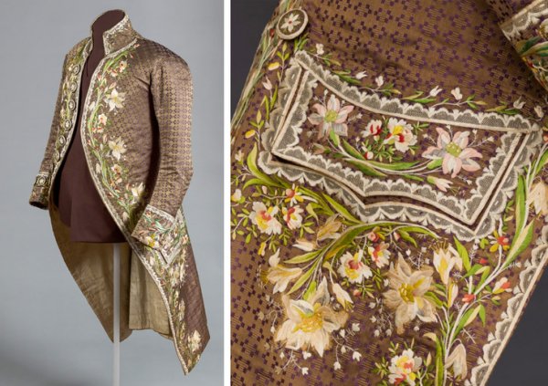 Мужчины XVIII века были настоящими франтами, их парадные одежды шили из шелка и обильно украшали вышивкой. Сюртук, Франция, 1780–1789 гг.
