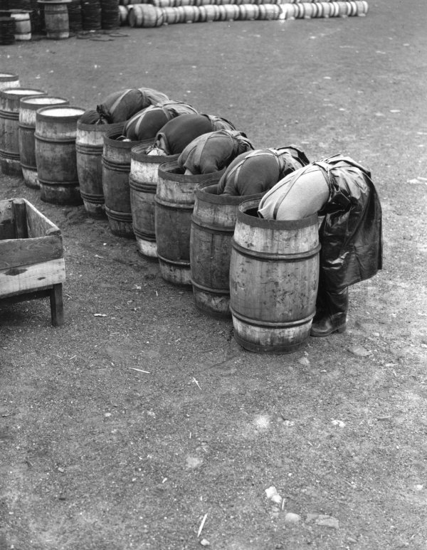 Женщины укладывают соль на дно бочки перед засолкой сельди, 1937, Норвегия
