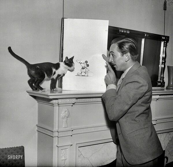 Уолт Дисней объясняет коту, в чём смысл тогда ещё никому неизвестного Микки Мауса, 1931 год