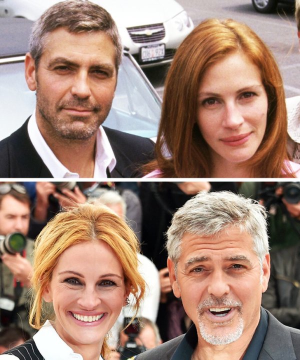 Джордж Клуни и Джулия Робертс в 2001 году и через 15 лет