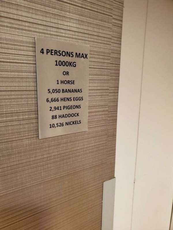 Табличка у лифта подробно разъясняет, чему эквивалентен максимальный вес в 1000 кг