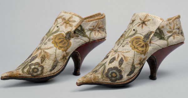 Мужская обувь из шёлка и кожи, 1690–1700 годы, Франция