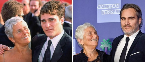 Хоакин Феникс и его мама Арлин, в 2001 и в 2020