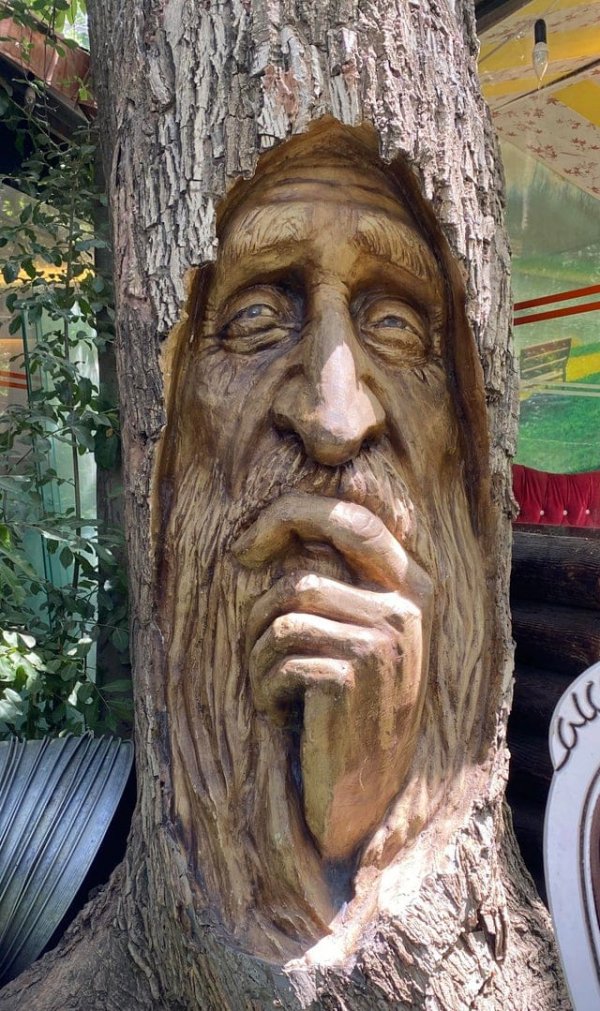 Лицо, вырезанное на дереве в Хамадане (Иран)