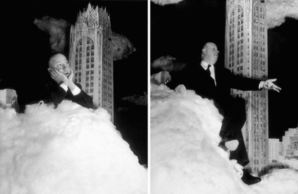Альфред Хичкок сидит на одном из облаков, сделанных для имитации городского пейзажа за окном в фильме «Верёвка» (1948)