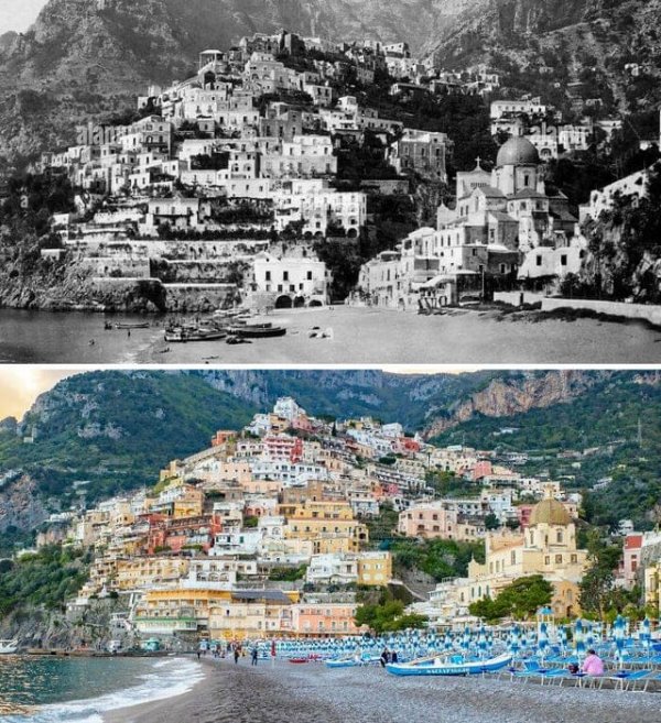 Деревня Позитано, Италия, 1920 и 2022 год