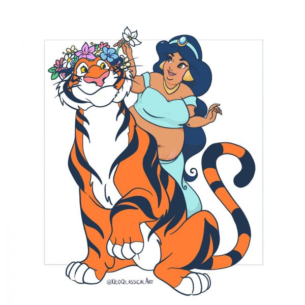 Жасмин и тигр Раджа из мультфильма «Аладдин»