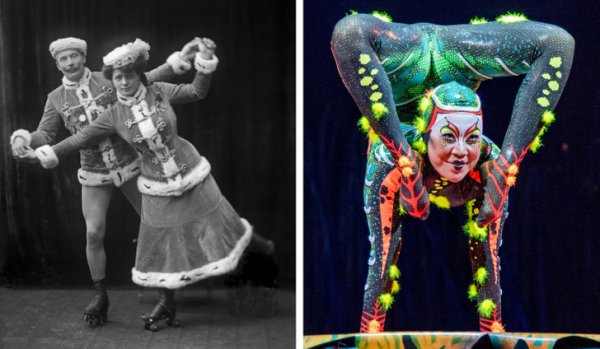 Артисты цирка в 1910 году и их современный коллега из Cirque du Soleil