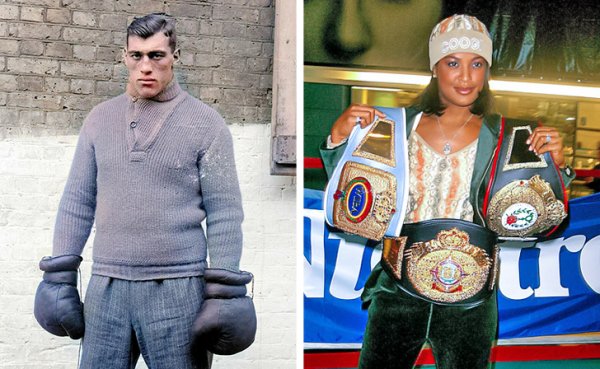 На левом фото — Примо Карнера, первый итальянский чемпион мира в супертяжелом весе. На правом — чемпионка мира во втором среднем весе и дочь боксера Мухаммеда Али Лейла