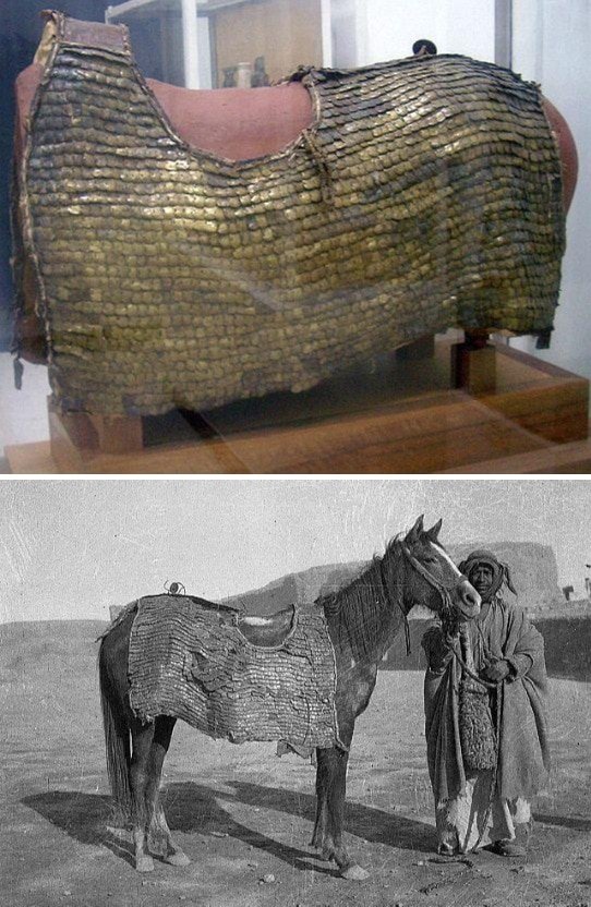 Римский конский доспех 3 века нашей эры, состоящий примерно из 2000 бронзовых чешуек. Найден в Дура-Европос, Сирия