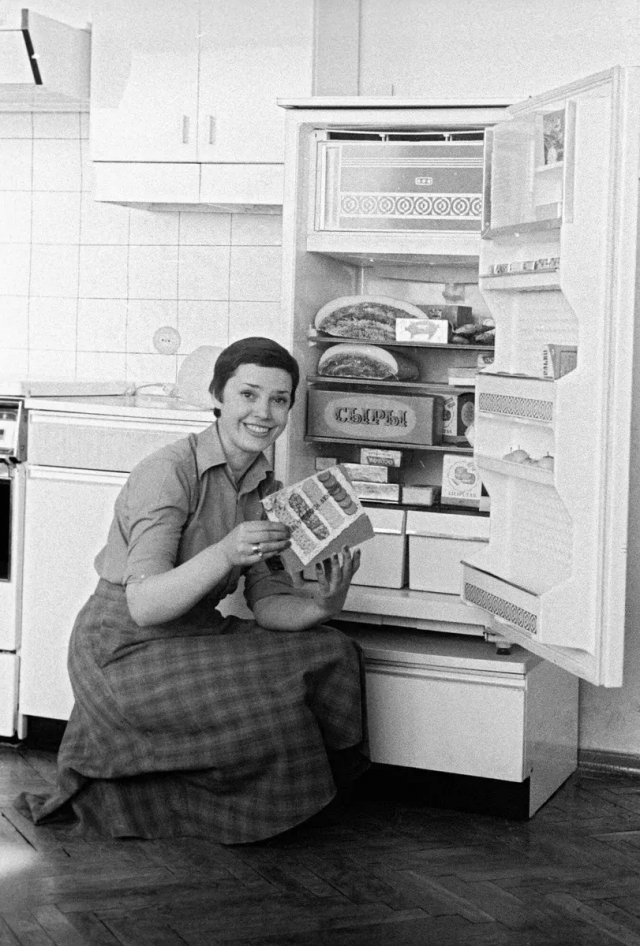 Легендарные холодильники Минского завода. «В них столько продуктов» – как бы говорит нам девушка.