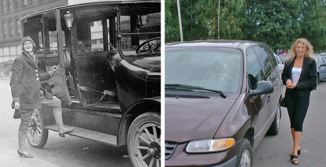 Женщина водитель такси в 20-ых годах прошлого века и сегодня