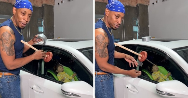На этом видео из ТикТока мужчина в синей бандане показывает, как можно открыть авто с помощью вантуза и изоленты