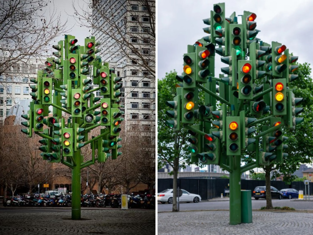 Праздничное дерево, сделанное из светофоров, Лондон