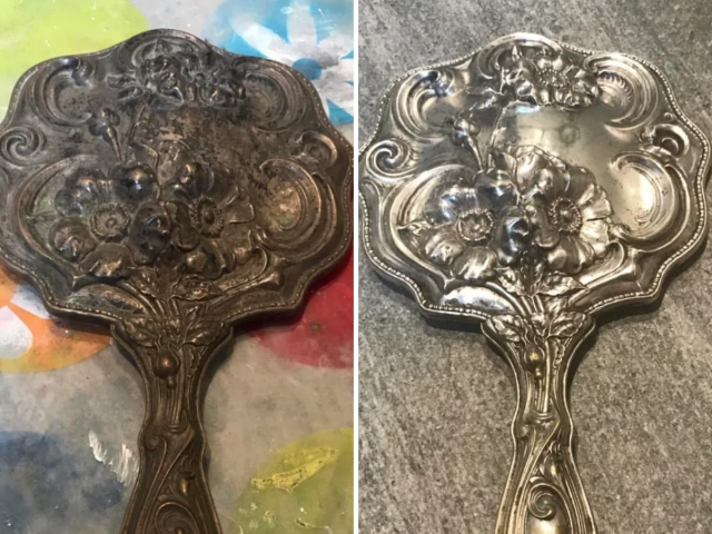 До и после полировки старинного серебряного зеркала