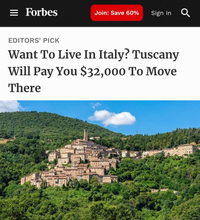 В Тоскане власти выплатят до 30 тысяч евро желающим переехать в местные города