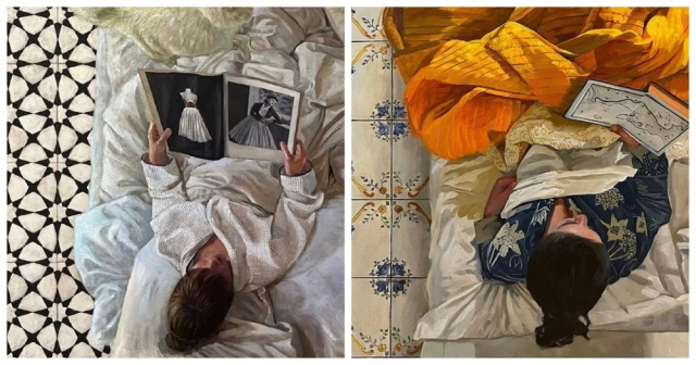 Художник Френсис Фезерстоун пишет картины, с изображением женщин, которые читают в постели Художник Френсис Фезерстоун пишет картины, с изображением женщин, которые читают в постели