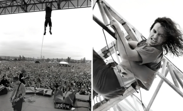 Фронтмен группы Pearl Jam Эдди Веддер висит на стропилах, концерт 1992-го Фронтмен группы Pearl Jam Эдди Веддер висит на стропилах, концерт 1992-го