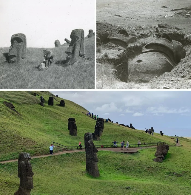 Статуи моаи в Рано-Рараку, остров Пасхи, 1914 против 2019