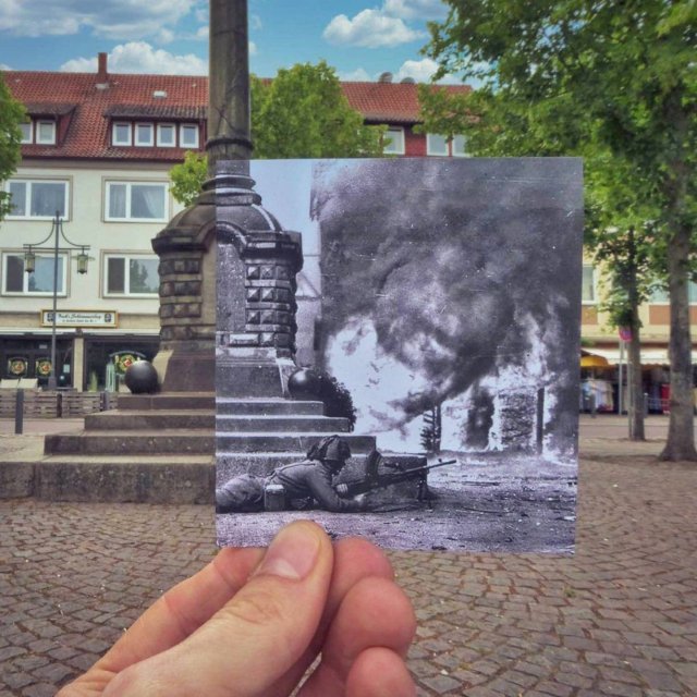 Городская площадь в Ильцене, Германия, апрель 1945 года и сейчас. Городская площадь в Ильцене, Германия, апрель 1945 года и сейчас.