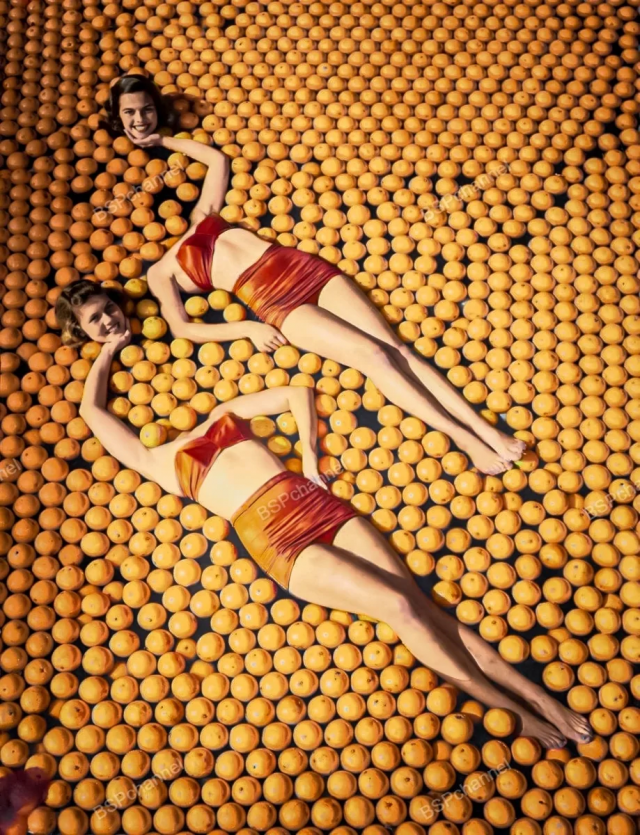 Девушки в бассейне с апельсинами, 1950 год.