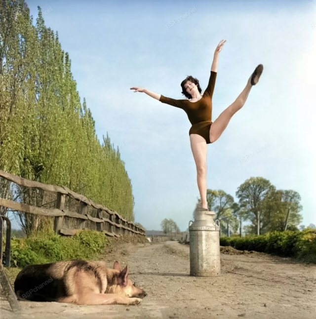 Балерина Джиллиан Броди танцует на ферме. Здесь она выступает на бидоне для молока, 1959 год.