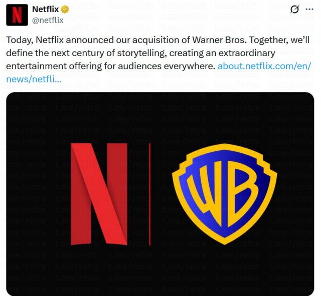 Netflix покупает Warner Bros. за 82 миллиарда долларов Netflix покупает Warner Bros. за 82 миллиарда долларов