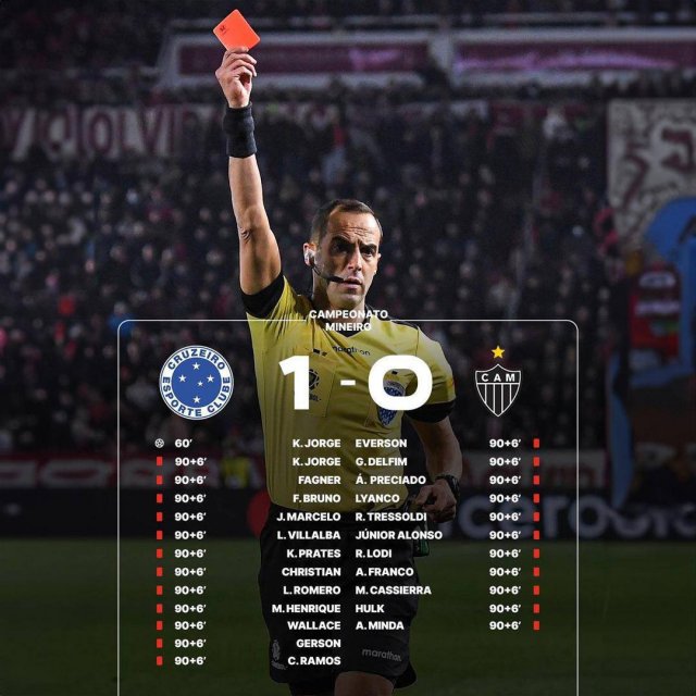 Итог игры «Крузейро» и «Атлетико Минейро»: массовый мордобой и 23 красные карточки