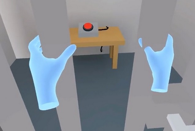 Виртуальная реальность: синие руки держат прутья решетки, а за ней коричневый стол с красной кнопкой