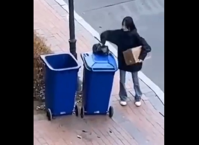девушка выносит мусор