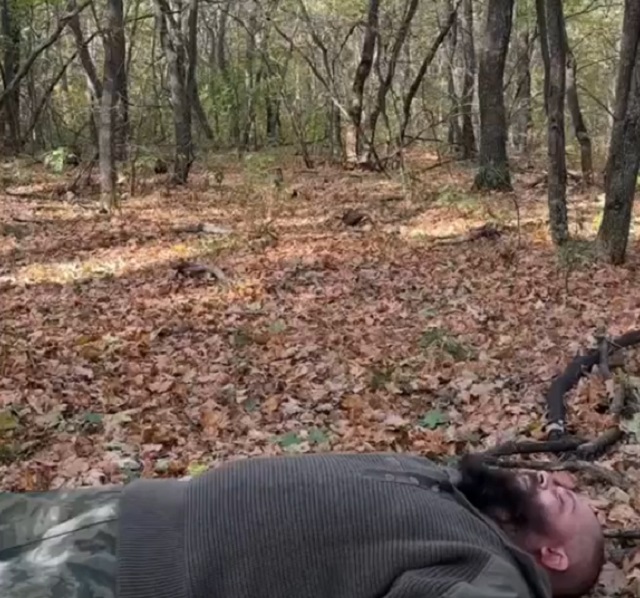 мужчина лежит в лесу